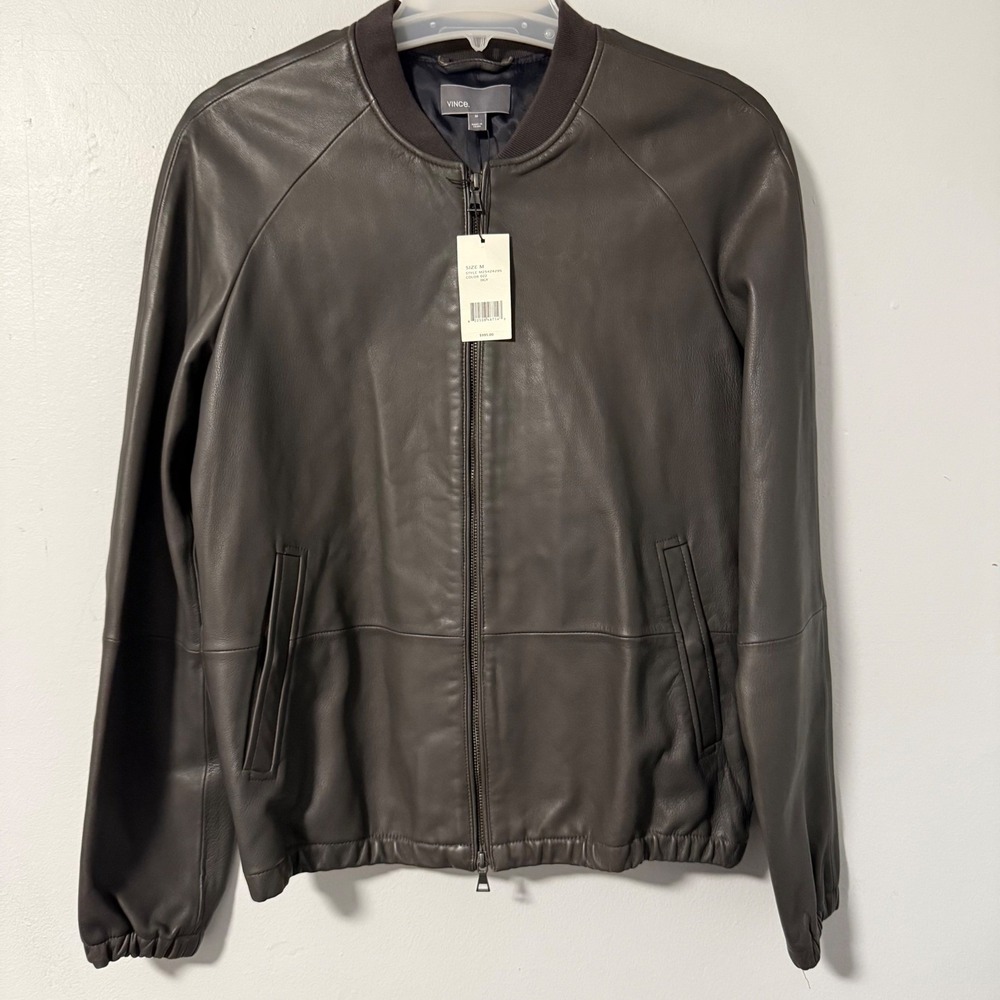 Vince Mens Genuine Lamb Leather Bomber Jacket Dark Grey Size Medium M $995